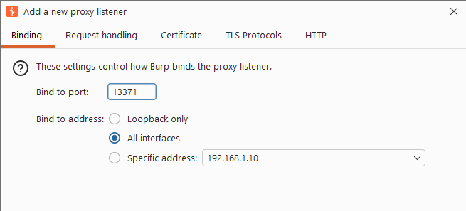 Pengaturan Binding proxy listener Burp Suite dengan All interfaces dipilih.