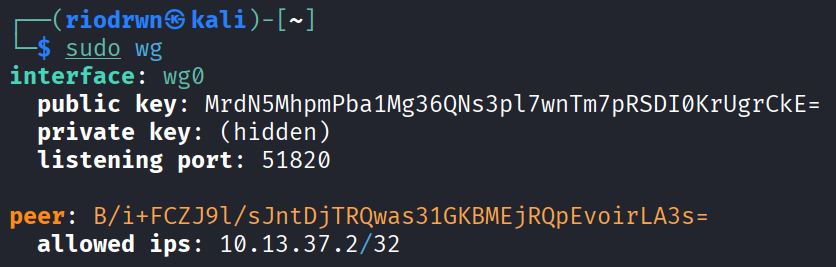 Output perintah sudo wg yang memperlihatkan interface wg0 dan peer client.