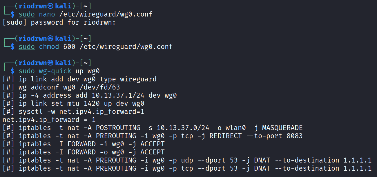 Terminal Linux yang menjalankan wg-quick up wg0 dan menampilkan aturan WireGuard.