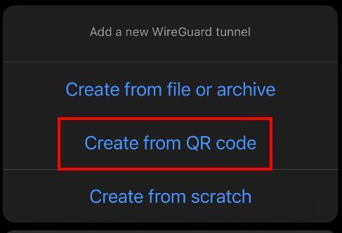 Pilihan Create from QR code pada aplikasi WireGuard ponsel.
